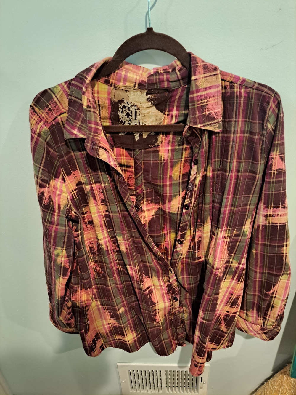 Distressed Plaid Button-Front Shirt - Purple Multi